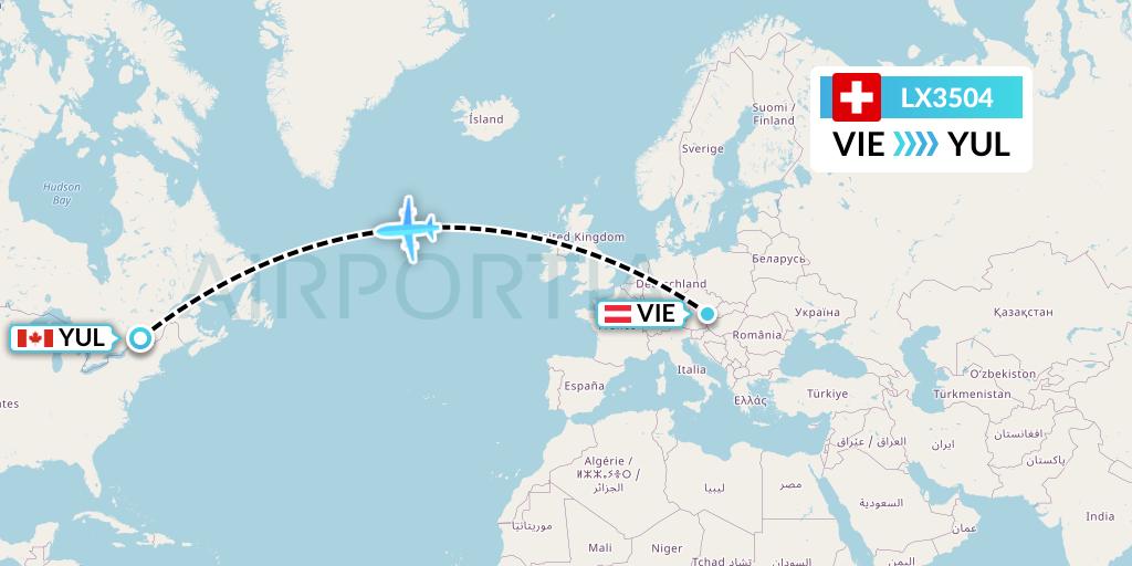 LX3504 Swiss Flight Map: Vienna to Montreal