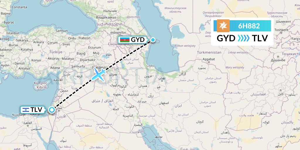6H882 Israir Airlines Flight Map: Baku to Tel Aviv