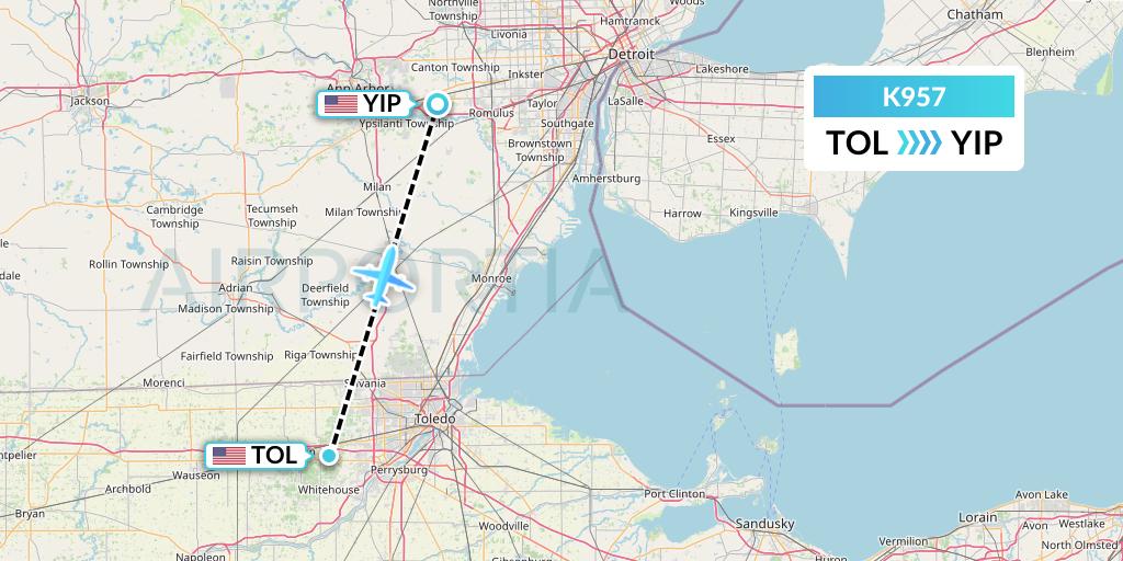 K957 Kalitta Charters Flight Map: Toledo to Detroit