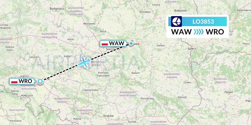 LO3853 LOT Flight Map: Warsaw to Wroclaw