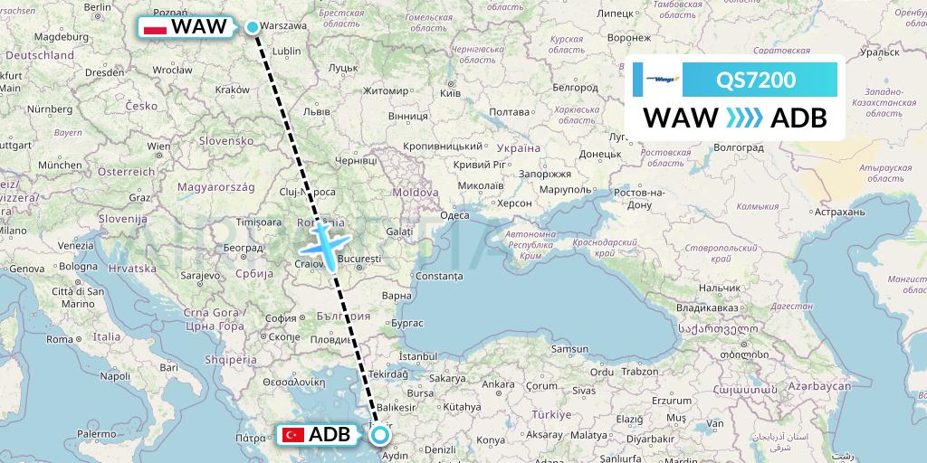 QS7200 Smartwings Flight Map: Warsaw to Izmir