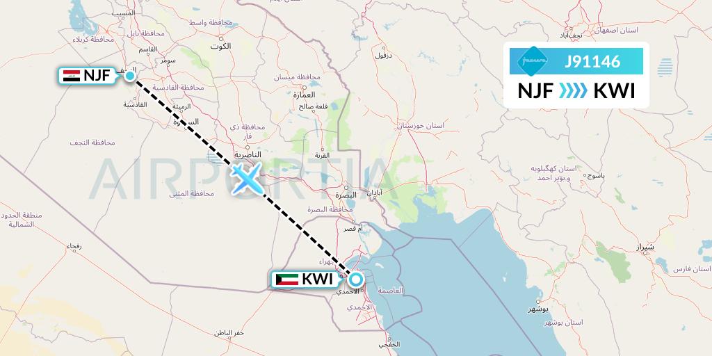 J91146 Jazeera Airways Flight Map: Najaf to Kuwait City
