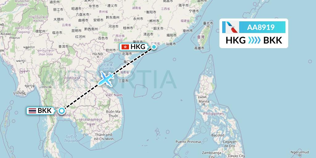 AA8919 American Airlines Flight Map: Hong Kong to Bangkok