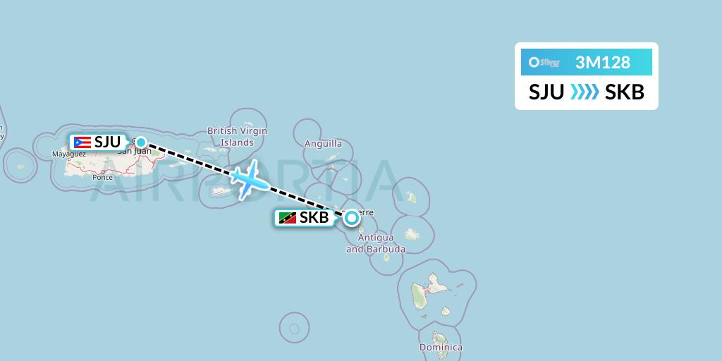 3M128 Silver Airways Flight Map: San Juan to Basseterre