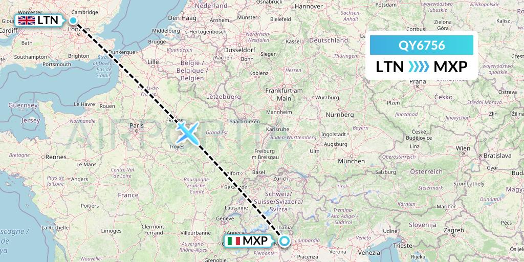 QY6756 European Air Transport Flight Map: London to Milan