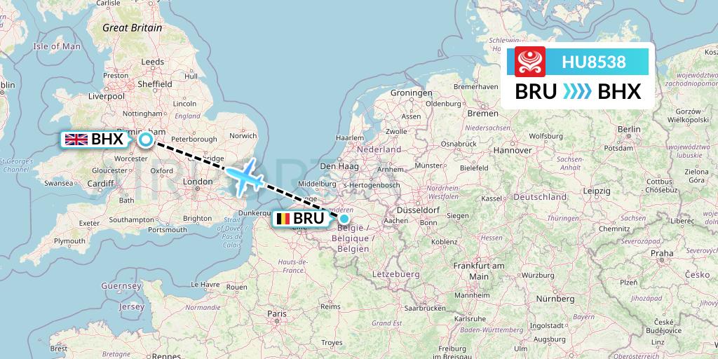 HU8538 Hainan Airlines Flight Map: Brussels to Birmingham