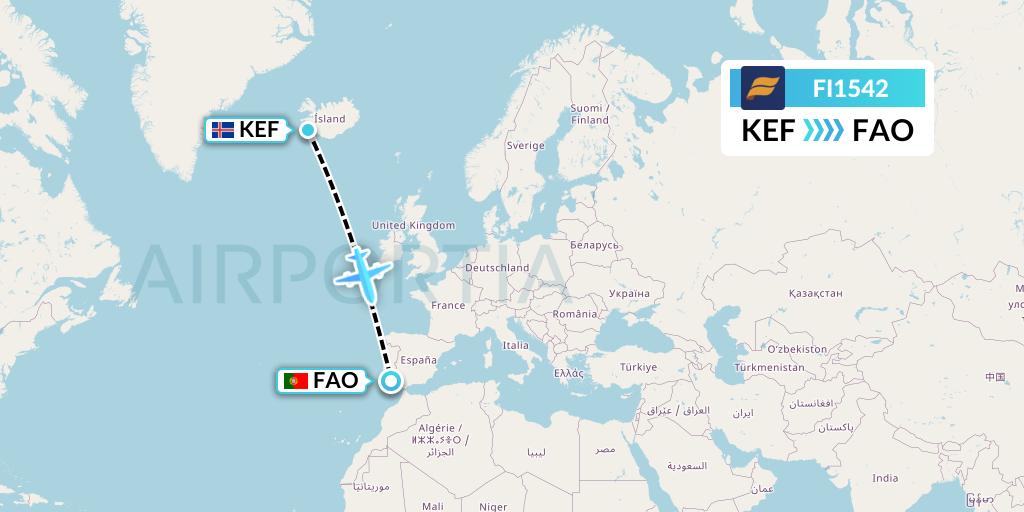 FI1542 Icelandair Flight Map: Reykjavik to Faro