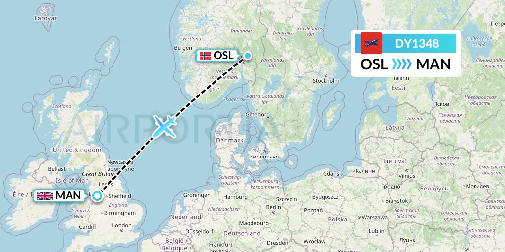 DY1348 Norwegian Flight Map: Oslo to Manchester