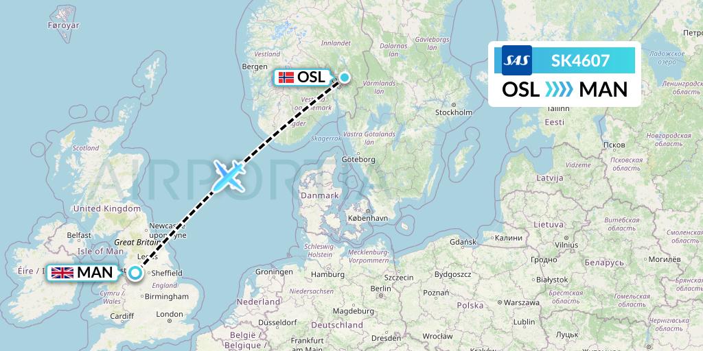 SK4607 SAS Flight Map: Oslo to Manchester