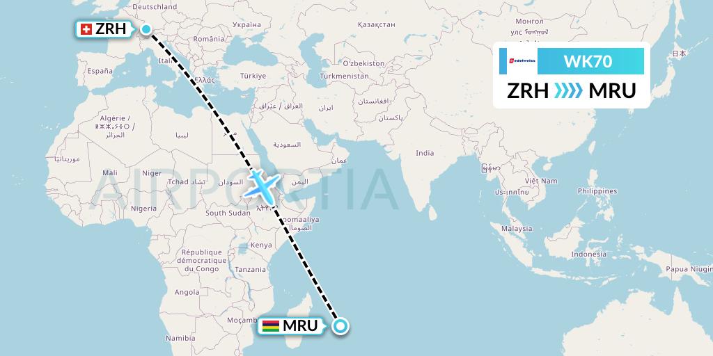 WK70 Edelweiss Air Flight Map: Zurich to Port Louis