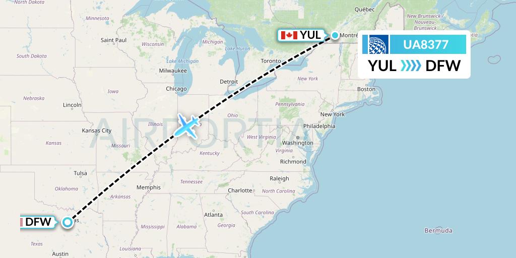 UA8377 United Airlines Flight Map: Montreal to Dallas