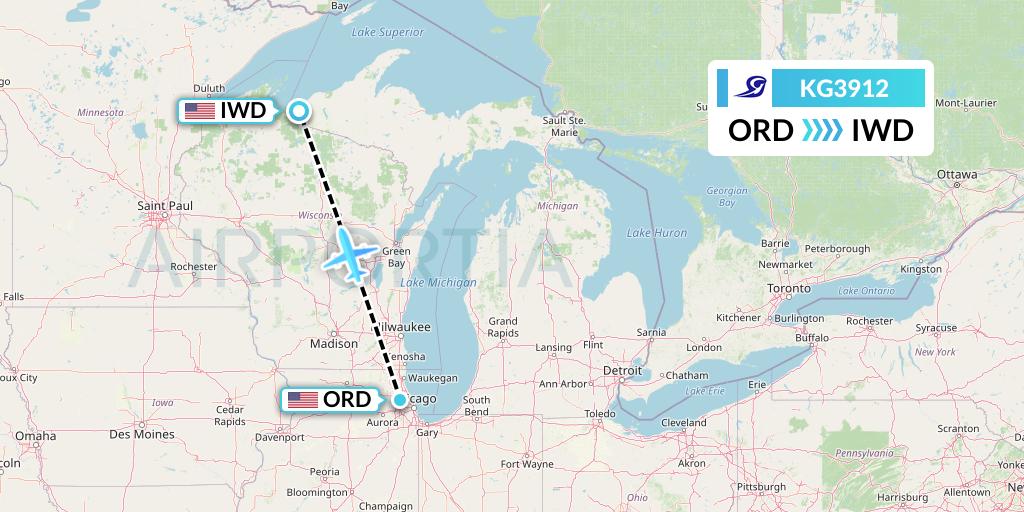 KG3912 Key Lime Air Flight Map: Chicago to Ironwood