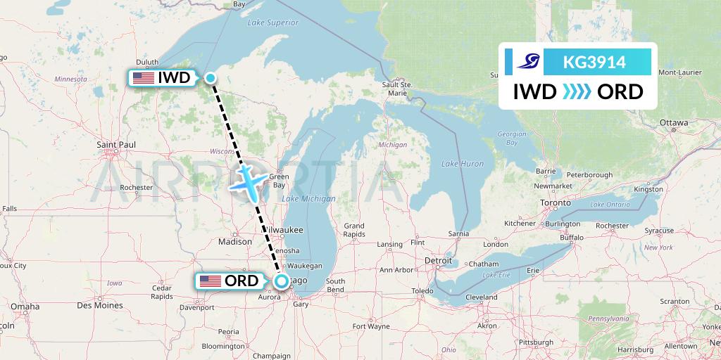 KG3914 Key Lime Air Flight Map: Ironwood to Chicago
