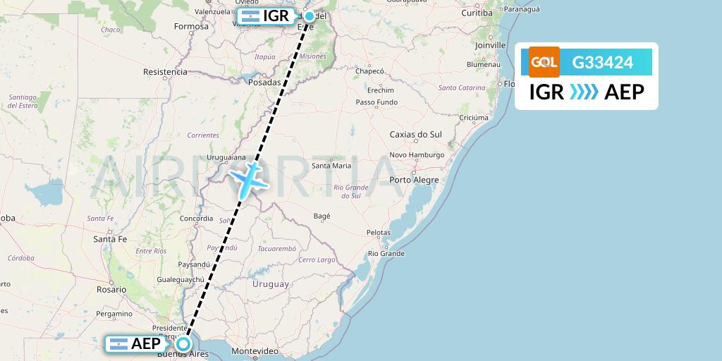 G33424 GOL Transportes Aeros Flight Map: Puerto Iguazu to Buenos Aires