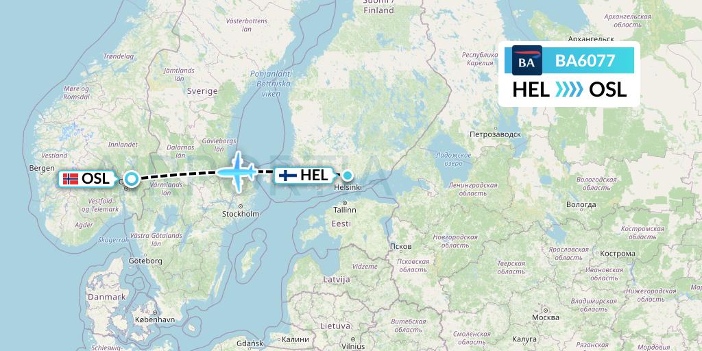 BA6077 British Airways Flight Map: Helsinki to Oslo
