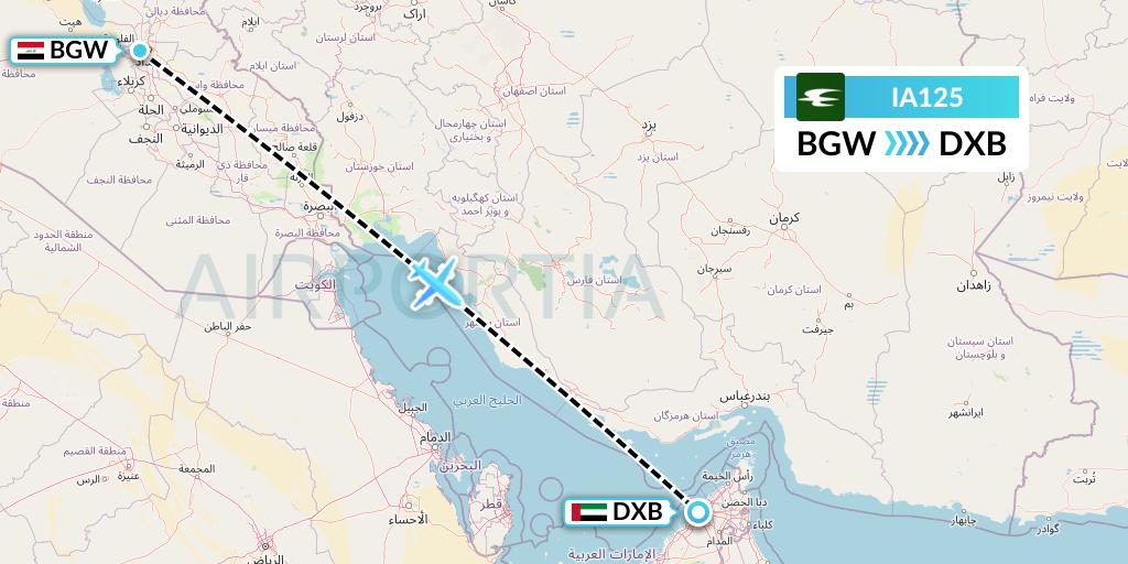 IA125 Iraqi Airways Flight Map: Baghdad to Dubai