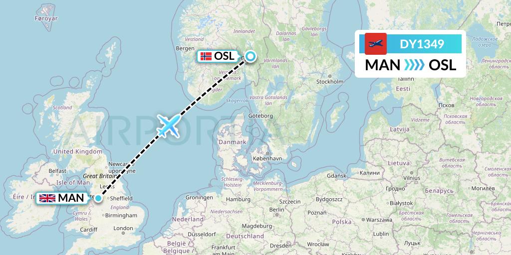 DY1349 Norwegian Flight Map: Manchester to Oslo