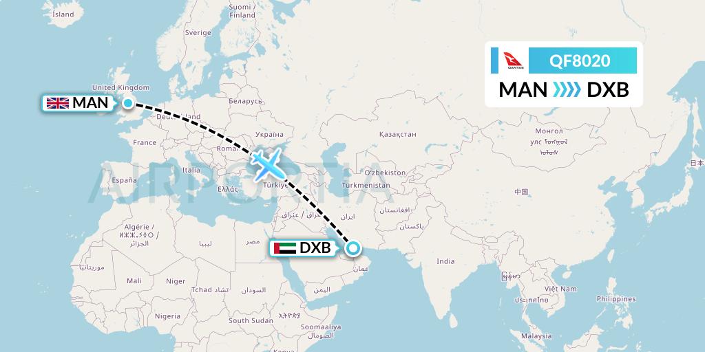 QF8020 Qantas Flight Map: Manchester to Dubai