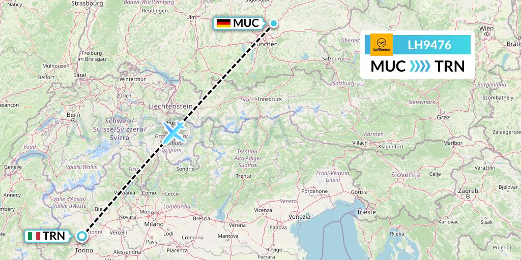 LH9476 Lufthansa Flight Map: Munich to Turin