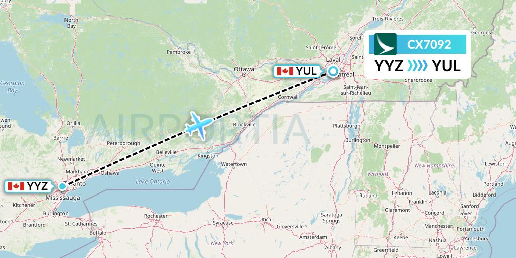 CX7092 Cathay Pacific Flight Map: Toronto to Montreal