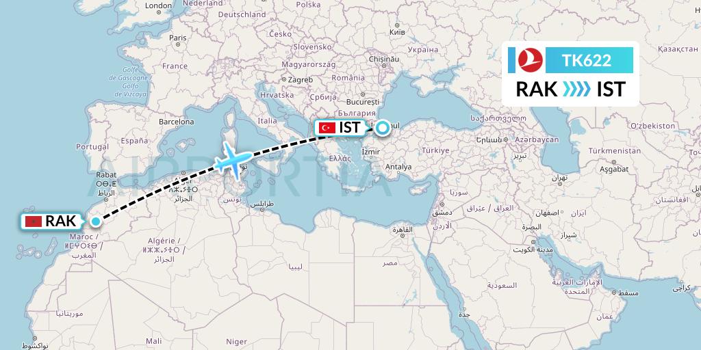 TK622 Turkish Airlines Flight Map: Marrakesh to Istanbul