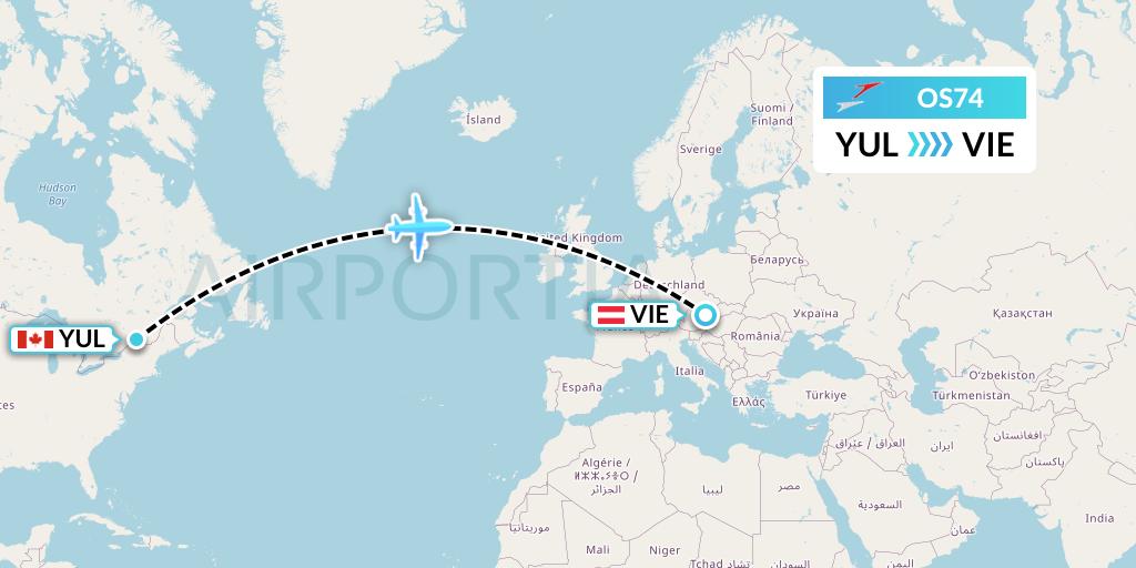 OS74 Austrian Airlines Flight Map: Montreal to Vienna