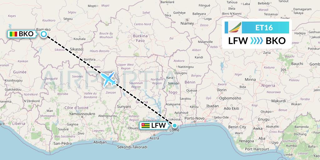 ET16 Ethiopian Airlines Flight Map: Lome to Bamako