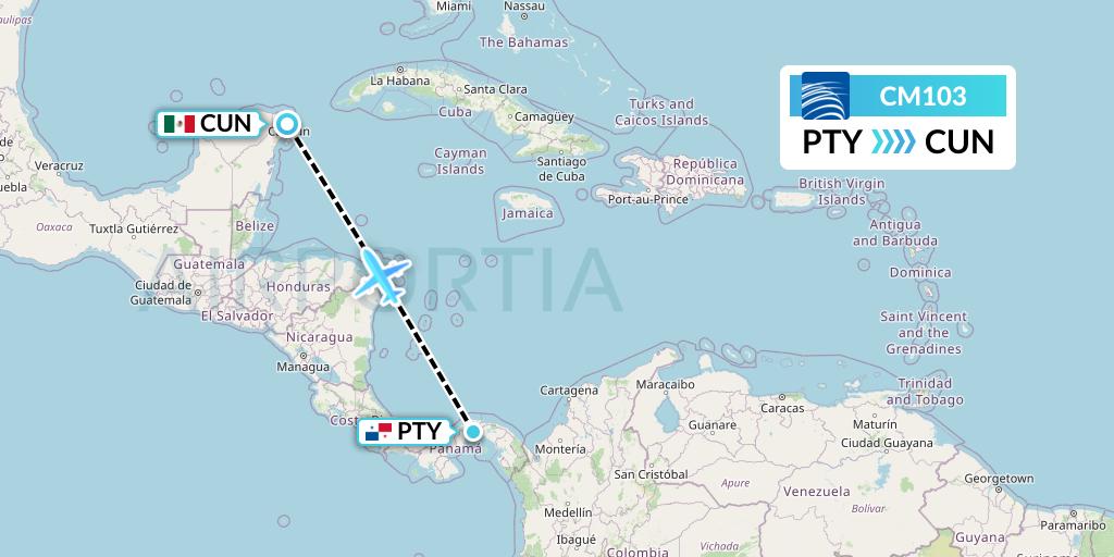 CM103 Copa Airlines Flight Map: Panama City to Cancun
