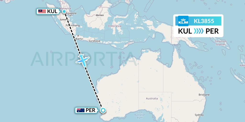 KL3855 KLM Flight Map: Kuala Lumpur to Perth