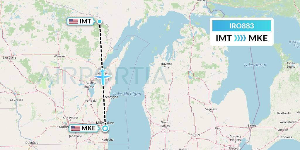 IRO883 CSA Air Flight Map: Iron Mountain Kingsford to Milwaukee