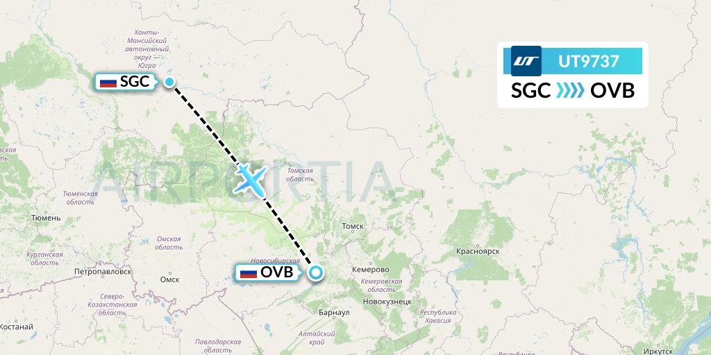 UT9737 UTair Flight Map: Surgut to Novosibirsk
