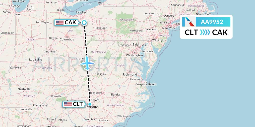 AA9952 American Airlines Flight Map: Charlotte to Akron