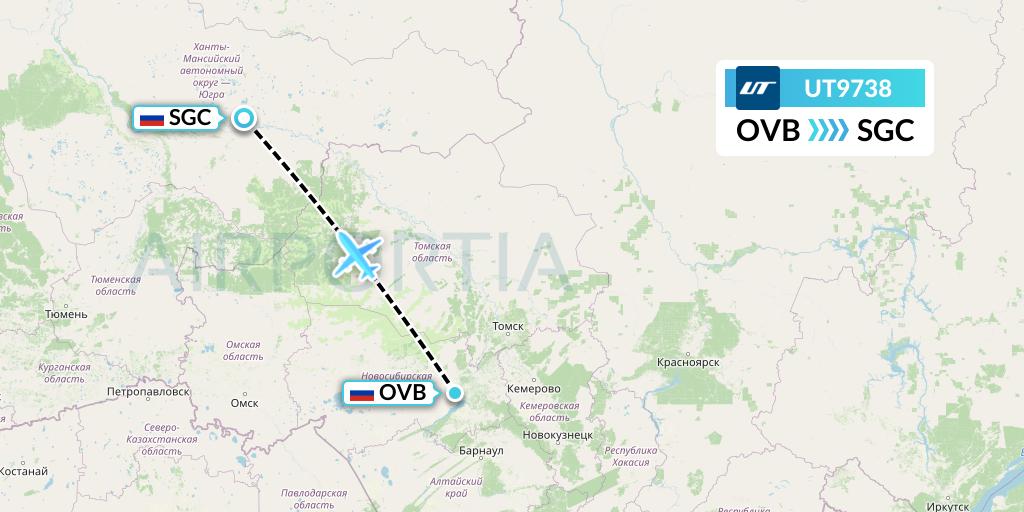 UT9738 UTair Flight Map: Novosibirsk to Surgut