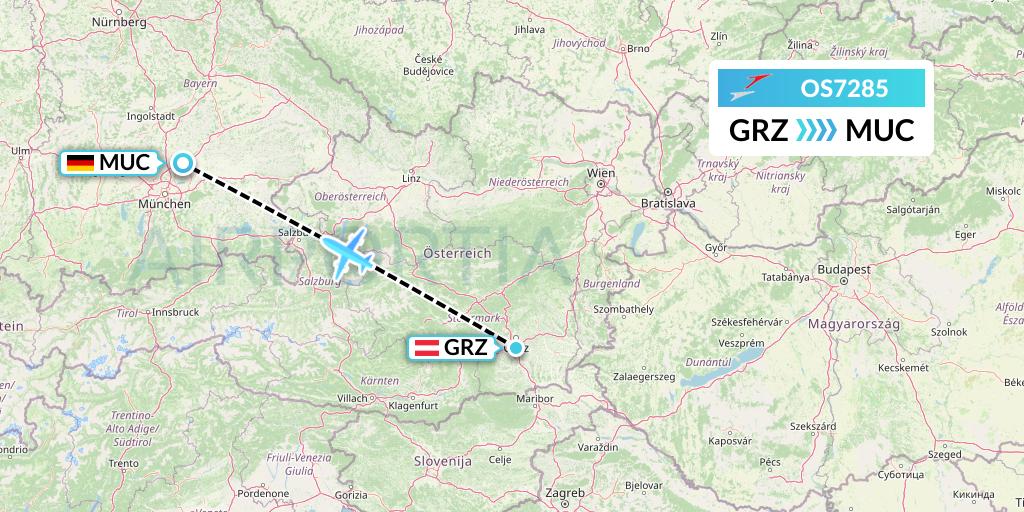 OS7285 Austrian Airlines Flight Map: Graz to Munich