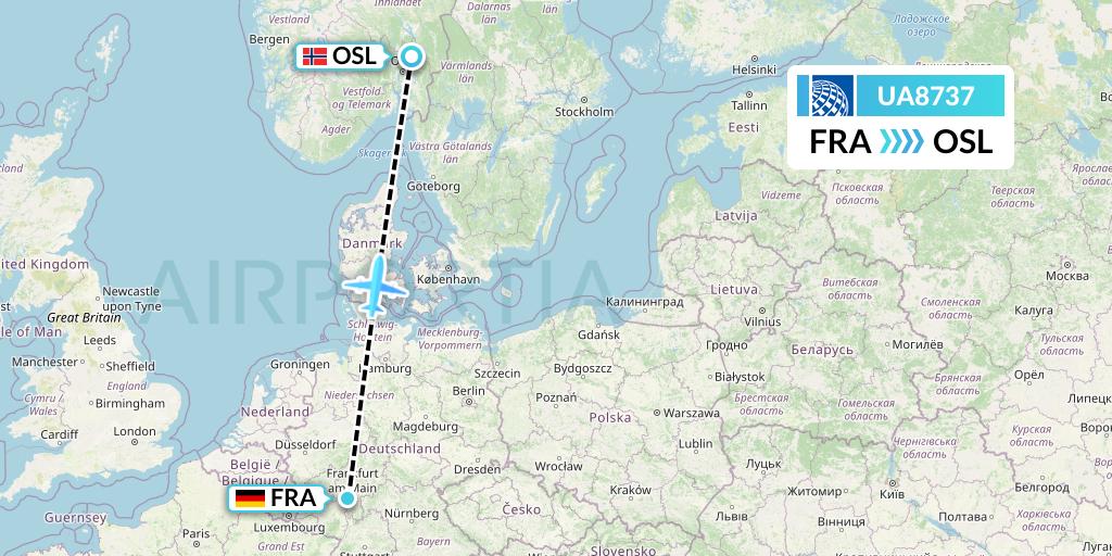 UA8737 United Airlines Flight Map: Frankfurt to Oslo