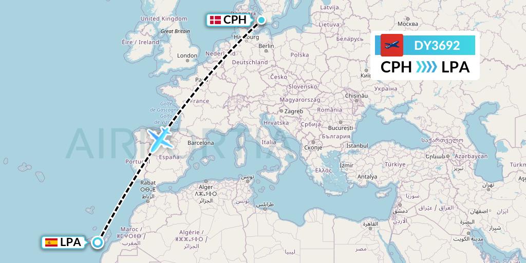 DY3692 Norwegian Flight Map: Copenhagen to Las Palmas