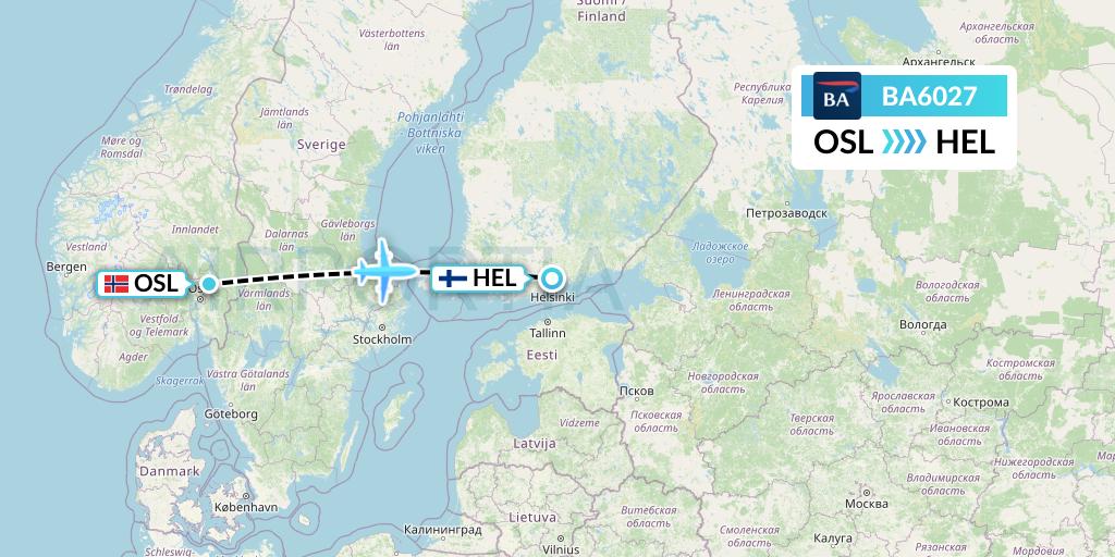 BA6027 British Airways Flight Map: Oslo to Helsinki