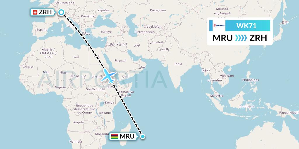 WK71 Edelweiss Air Flight Map: Port Louis to Zurich