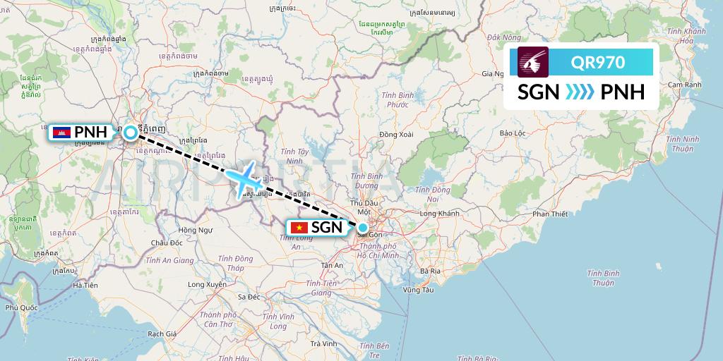 QR970 Qatar Airways Flight Map: Ho Chi Minh City to Phnom Penh