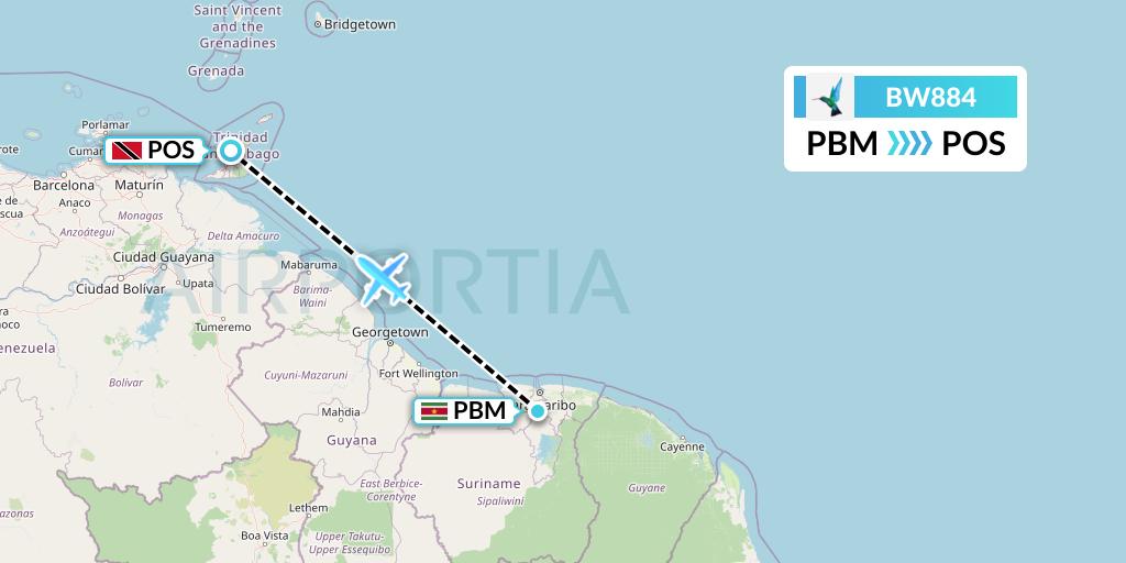 BW884 Caribbean Airlines Flight Map: Paramaribo to Port of Spain