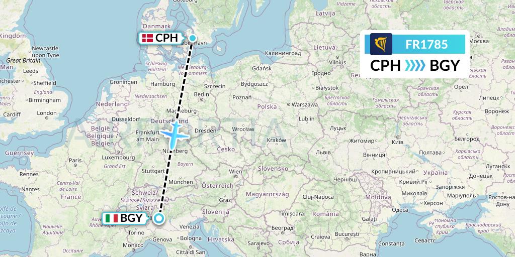 FR1785 Ryanair Flight Map: Copenhagen to Milan