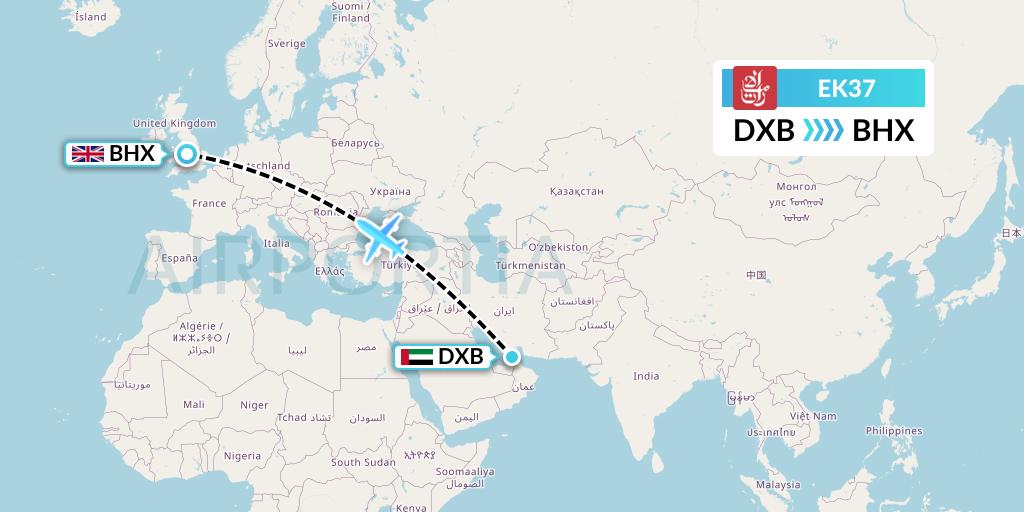 EK37 Emirates Flight Map: Dubai to Birmingham