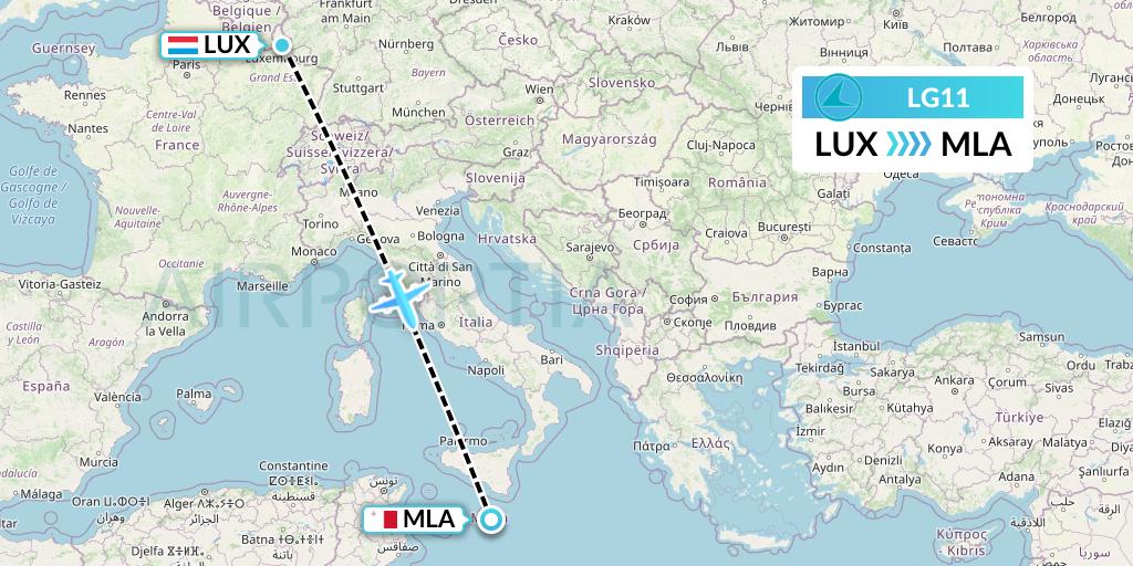 LG11 Luxair Flight Map: Luxembourg to Malta