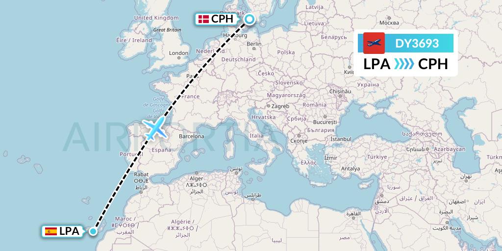 DY3693 Norwegian Flight Map: Las Palmas to Copenhagen