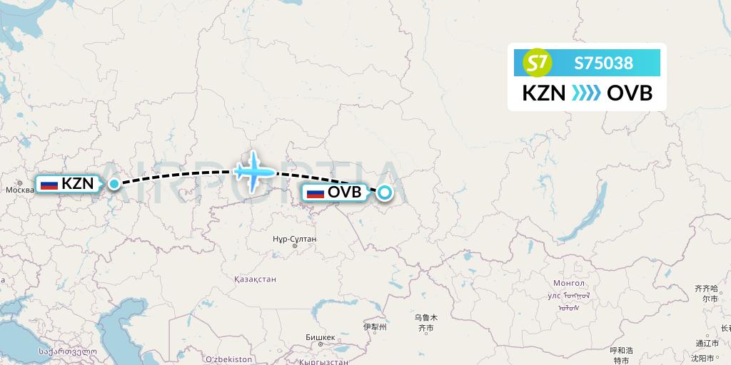 S75038 S7 Airlines Flight Map: Kazan to Novosibirsk