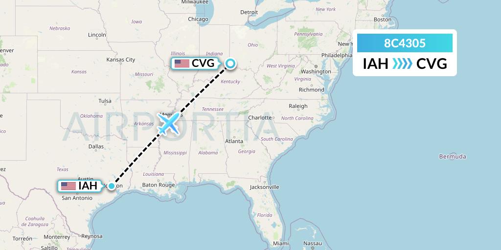 8C4305 Air Transport International Flight Map: Houston to Cincinnati