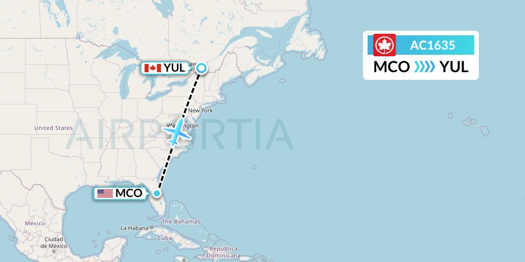 AC1635 Air Canada Flight Map: Orlando to Montreal