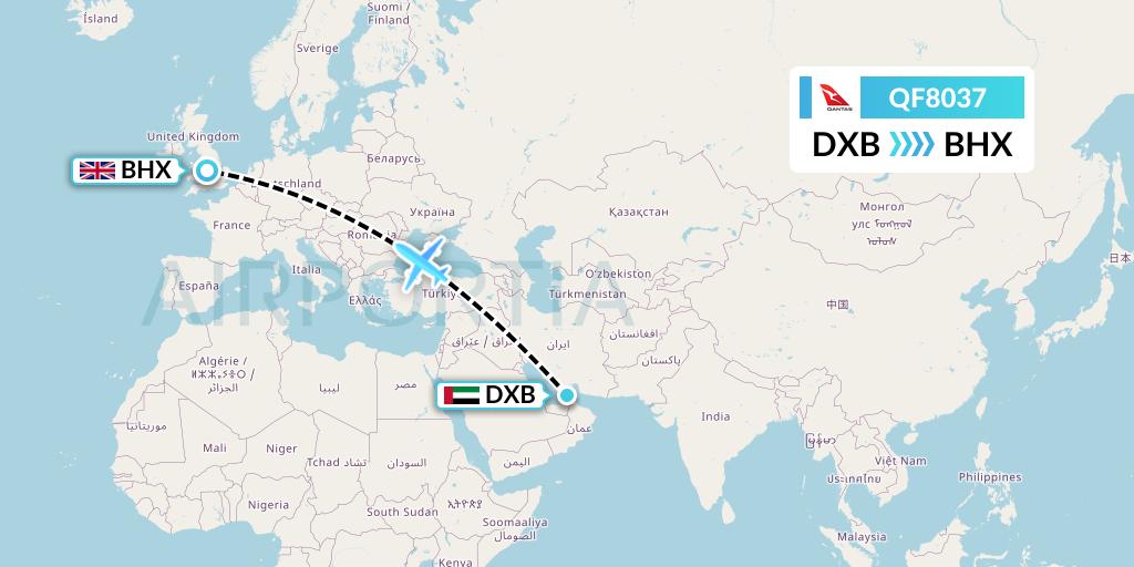 QF8037 Qantas Flight Map: Dubai to Birmingham