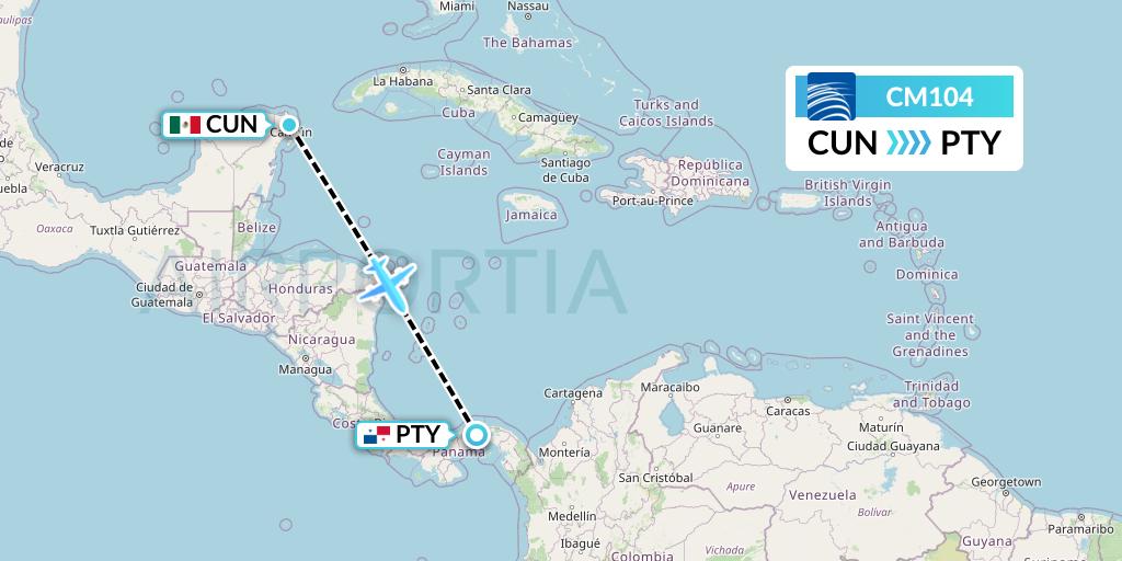 CM104 Copa Airlines Flight Map: Cancun to Panama City