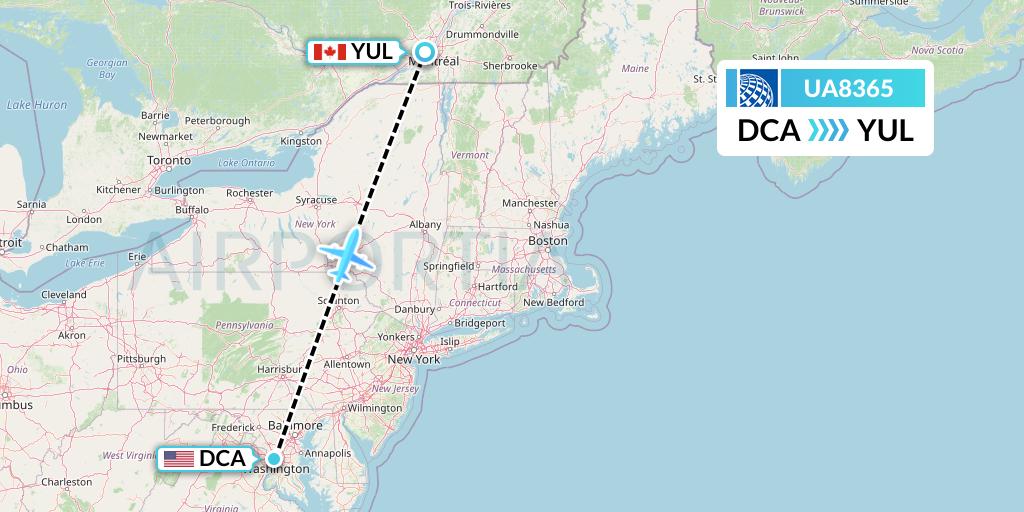 UA8365 United Airlines Flight Map: Washington to Montreal